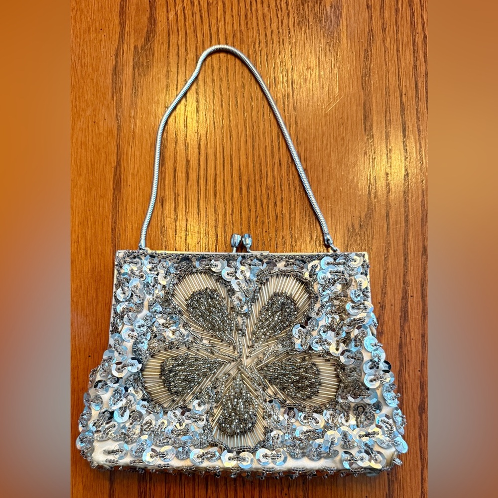 Evening Bag‎ Women Silver Beaded Sequin Floral Vintage Glam Regencycore Wedding